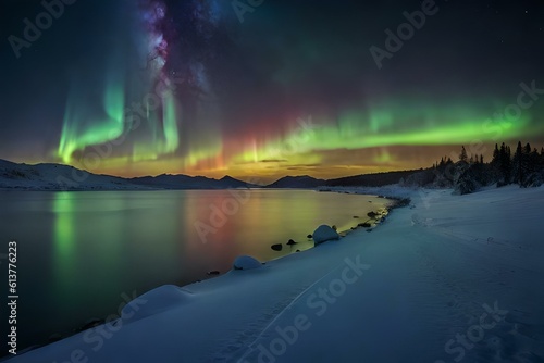 A stunning aurora borealis dancing in the night sky above a snowy landscape © Muhammad