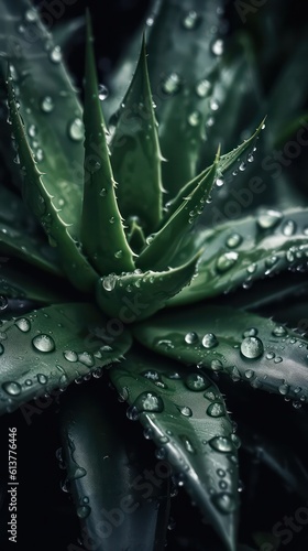 a photo of a bunch of aloevera Leaf surrounded by drops of rain water generative ai