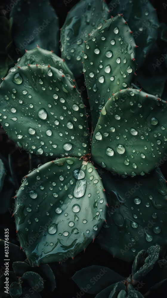 Obraz premium a photo of a bunch of cactus Leaf surrounded by drops of rain water generative ai