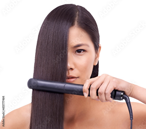 Asian woman, portrait and hair straightener for salon treatment isolated on a transparent PNG background. Face of female person or model in relax for straight haircare cosmetics, tool or flat iron