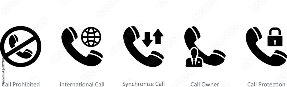 A set of 5 Contact icons as call prohibited, international call, synchronize call