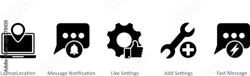 A set of 5 Contact icons as laptop location, message notification, like settings