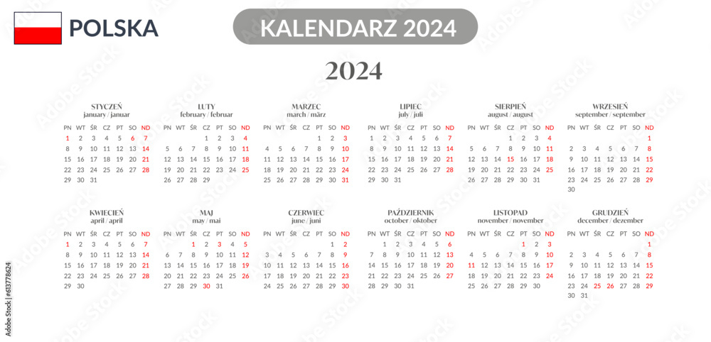 Kalendarz skrócony na rok 2024 2025. Polski język. Polska. Święta długie weekendy - obrazy, fototapety, plakaty 