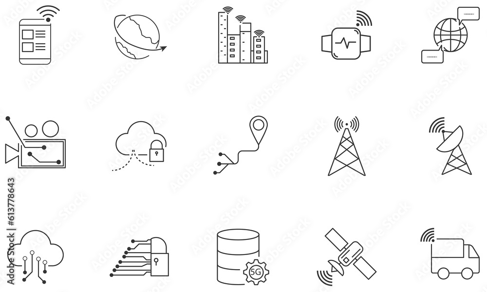 Set of wireless telecom communication signal icon. Satellite technology outline vector. Set of wireless telecom communication signal icon. Satellite technology outline vector.