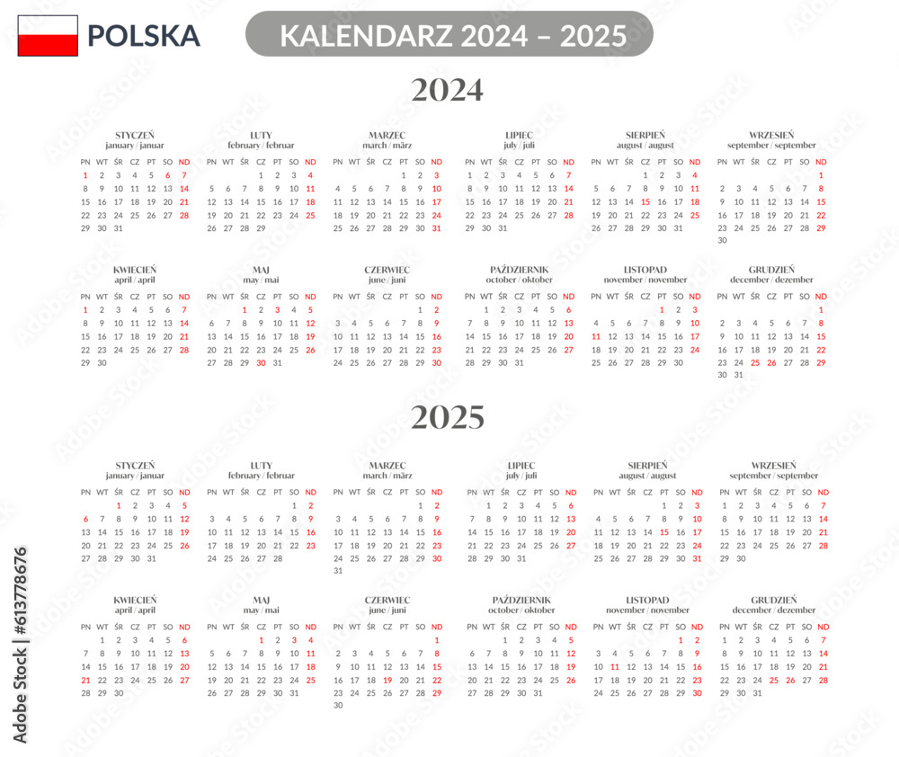 Kalendarz skrócony na rok 2024 2025. Polski język. Polska. Święta długie weekendy - obrazy, fototapety, plakaty 