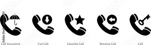 A set of 5 Contact icons as call insurance, cut call, favorite call