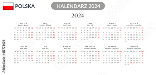Kalendarz skrócony na rok 2024 2025. Polski język. Polska. Święta długie weekendy photo