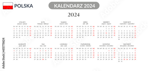 Kalendarz skrócony na rok 2024 2025. Polski język. Polska. Święta długie weekendy