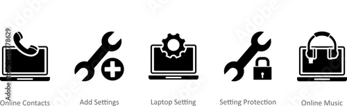 A set of 5 Contact icons as online contacts, add settings, laptop setting
