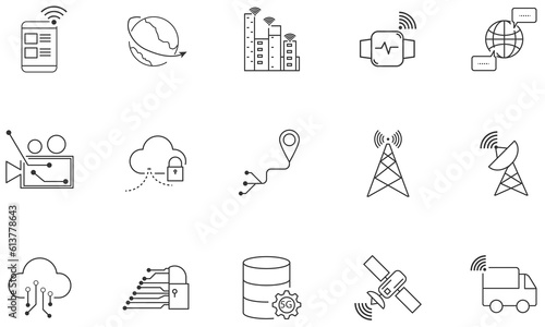 Set of wireless telecom communication signal icon. Satellite technology outline vector.