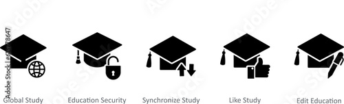 A set of 5 Contact icons as global study, education security, synchronize study