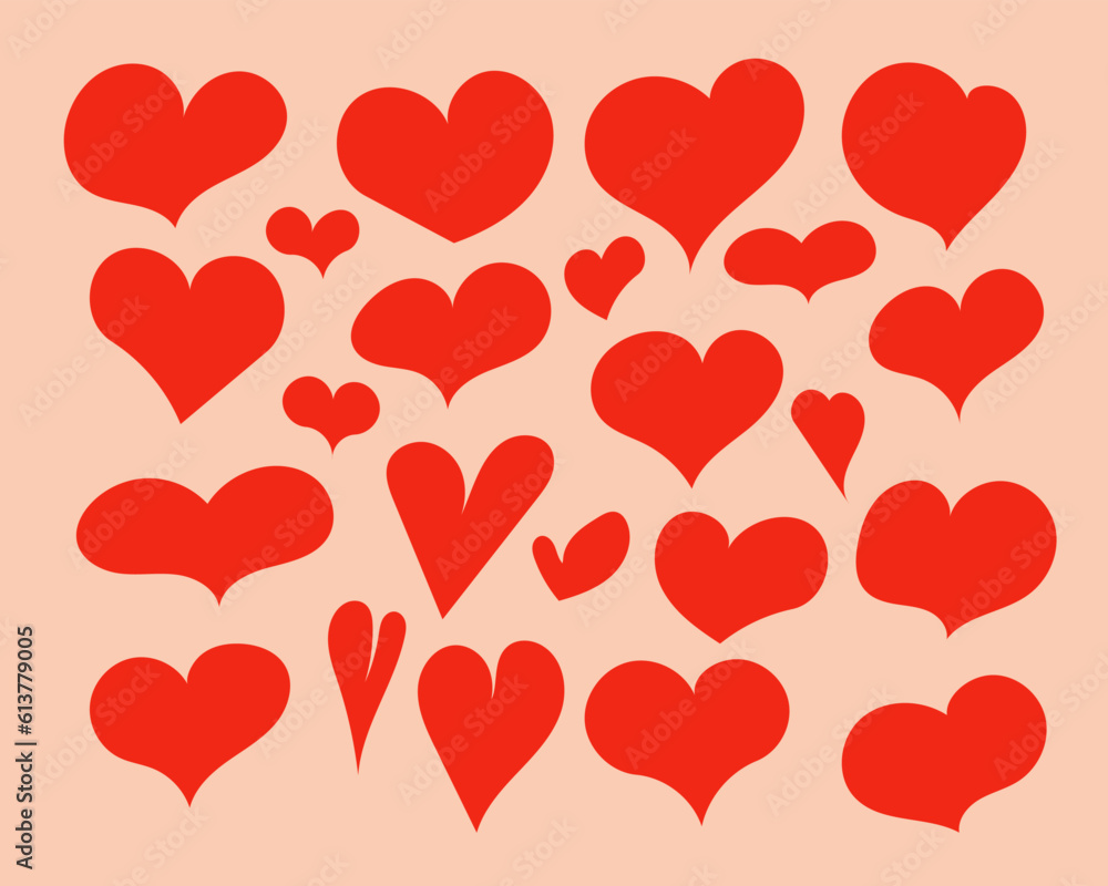Vector flat isolated red hearts collection. Elements imperfect forms. Unique illustration foe St Valentines day