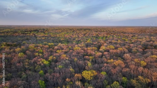 Aerial Chancellorsville Virginia forest battle field evening. Farms, forest, lakes and recreation campgrounds. Battle ground during American Civil War.  Summer recreational activities. photo