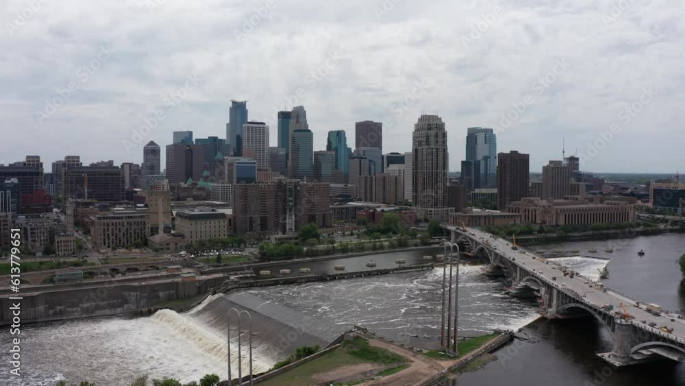 Wide aerial panning shot of downtown Minneapolis, Minnesota along the Mississippi River. 4K Wide aerial panning shot of downtown Minneapolis, Minnesota along the Mississippi River. 4K