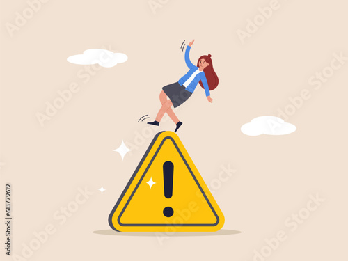 Avoid danger concept. Mistake caution, business risk or problem warning, failure prevention, cautious businesswoman slip falling on exclamation symbol beware, careful caution sign.
