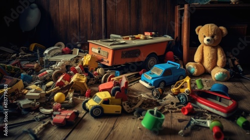 Forgotten toys lie scattered on the floor, frozen in time, remnants of a childhood left behind in a rush of departing footsteps. Generative AI