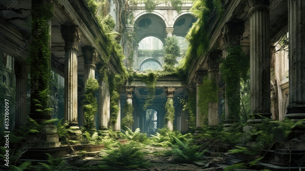 Nature reclaims its dominion as vines coil around decaying pillars. Embracing the forgotten architecture in a relentless embrace. Generative AI