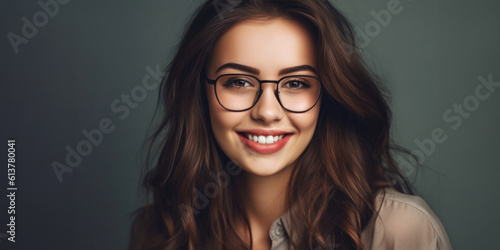 Young beautiful woman isolated portrait. Student girl wearing glasses closeup studio shot, Young businesswoman smiling indoor, People, beauty, student lifestyle, business concept