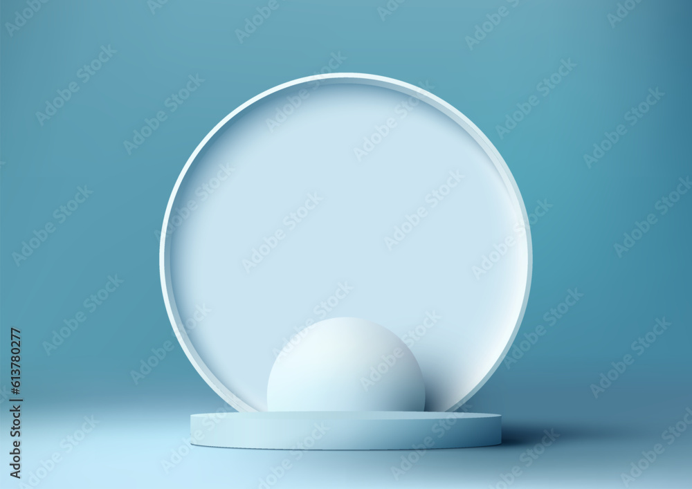 3D realistic empty blue podium stand with white circle backdrop minimal wall scene on blue background 3D realistic empty blue podium stand with white circle backdrop minimal wall scene on blue background