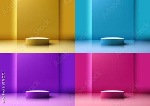 Set of 3D realistic empty bright colors podium pedestal stand minimal wall scene background