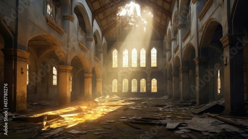 Sunlight filters through cracked ceilings. Casting ethereal rays upon the forgotten remnants of a lost era. Generative AI