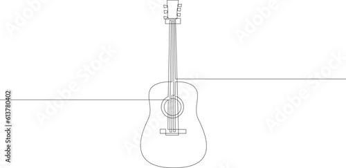 Continuous line drawing of wooden classic acoustic guitar. Modern stringed music instruments concept drawn by one line. Single line vector illustration.