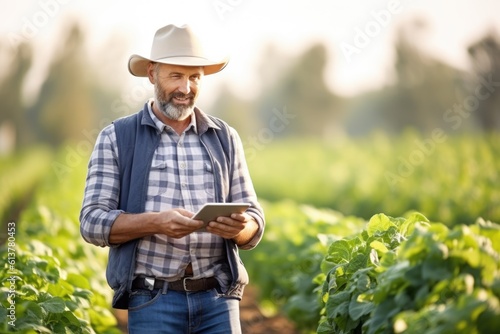 Smiling farmer standing in field with tablet, AI Generative