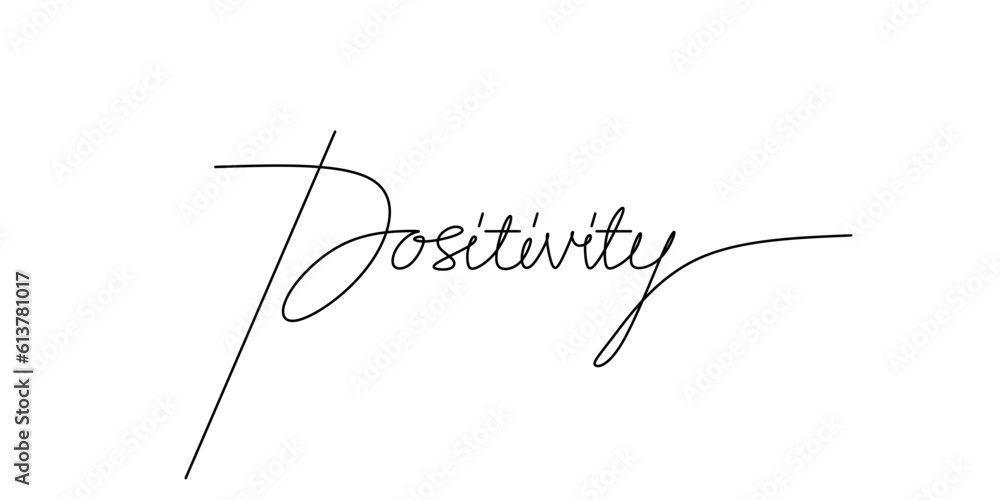 One continuous line drawing typography line art of positivity word writing isolated on white background. One continuous line drawing typography line art of positivity word writing isolated on white background.