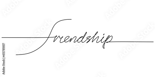 One continuous line drawing typography line art of friendship word writing isolated on white background.