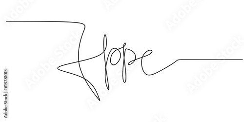 One continuous line drawing typography line art of hope word writing isolated on white background.