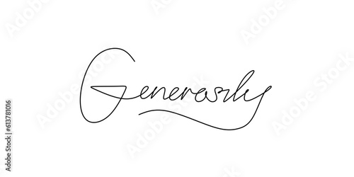 One continuous line drawing typography line art of generosity word writing isolated on white background.