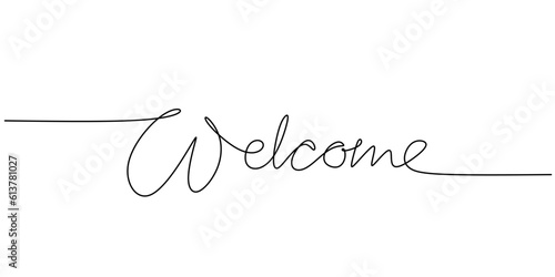 One continuous line drawing typography line art of welcome word writing isolated on white background.