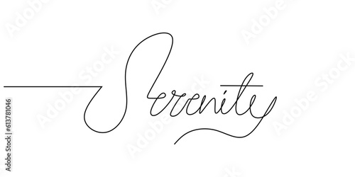 One continuous line drawing typography line art of serenity word writing isolated on white background.