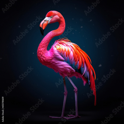 Majestic flamingo on dark background portrait. Generative AI
