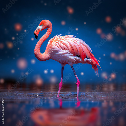 pink flamingo in the water at night with glowing lights in background. Generative AI