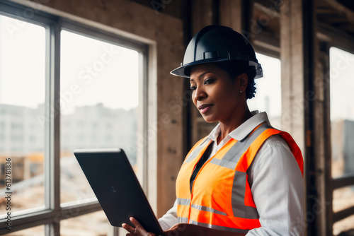 Digital portrait of a successful confident industrial female attractive worker standing in Construction site and uses Tablet computer. Concept of active age. Generative AI