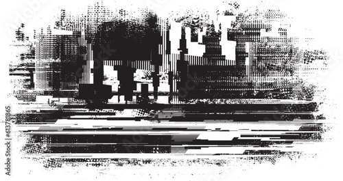 Glitch distorted grunge layer  . Noise destroyed texture . Trendy defect error shapes . Overlay grunge texture . Distressed effect .Vector shapes with a halftone dots screen print texture.
