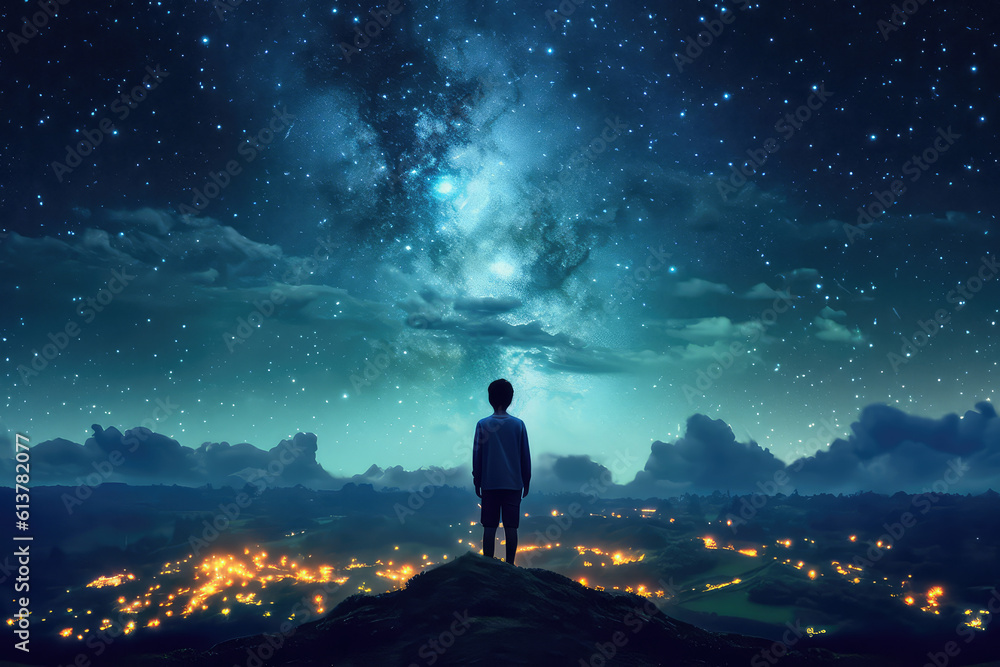 The view from the back is of a boy looking up at a beautiful starry night sky with lots of bright flashes. A creative concept of imagination, a kids dream. Generative AI illustration.