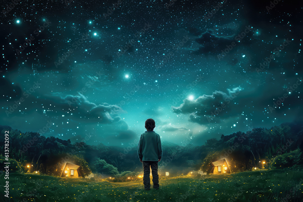 Fototapeta premium The view from the back is of a boy looking up at a cloudy starry night sky with lots of bright flashes. A creative concept of imagination, a child's dream. Generative AI illustration.