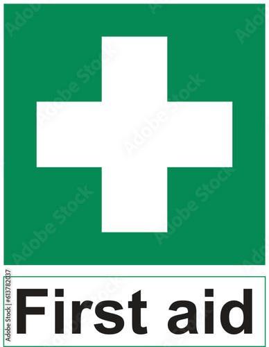 First aid sign, green square and white cross symbol with First aid text, printable sticker,  vector illustration