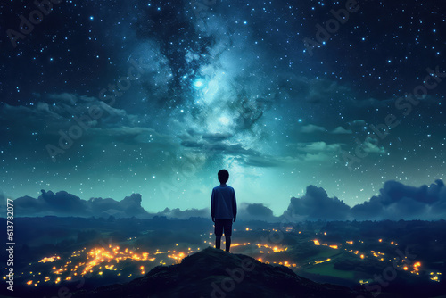 The view from the back is of a boy looking up at a beautiful starry night sky with lots of bright flashes. A creative concept of imagination, a kids dream. Generative AI illustration.