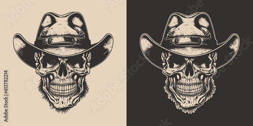 Set of vintage retro scary hipster cawboy skull in hat. Can be used like emblem, logo, badge, label. mark, poster or print. Monochrome Graphic Art. Vector. Hand drawn element in engraving