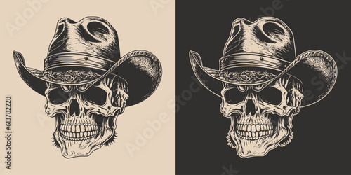Set of vintage retro scary hipster cawboy skull in hat. Can be used like emblem, logo, badge, label. mark, poster or print. Monochrome Graphic Art. Vector. Hand drawn element in engraving