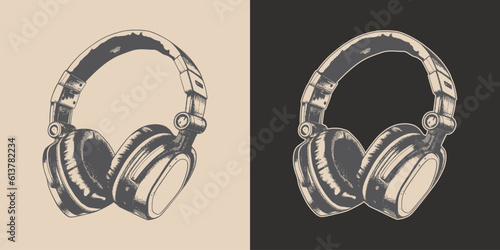 Set of vintage retro engraving stereo studio headphones. Can be used like emblem, logo, badge, label. mark, poster or print. Monochrome Graphic Art. Vector. Hand drawn element in engraving photo