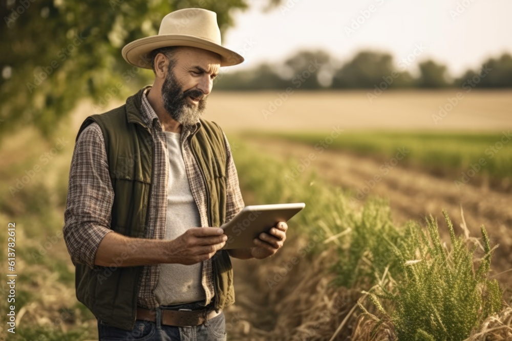 Smiling farmer standing in field with tablet, AI Generative Smiling farmer standing in field with tablet, AI Generative