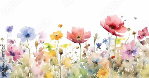 Watercolor illustration of pastel summer flowers in wide border on a white background created with Generative AI technology © Oksana