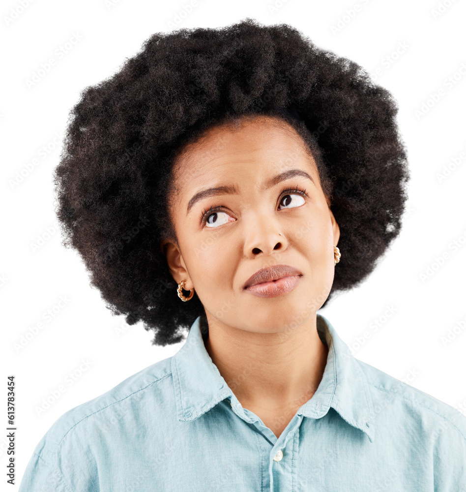 Thinking, idea and question with face of black woman on transparent background for solution, problem solving and announcement. Information, promotion and show with female person isolated on png Thinking, idea and question with face of black woman on transparent background for solution, problem solving and announcement. Information, promotion and show with female person isolated on png