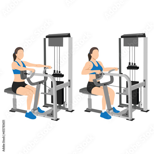 Woman doing seated back row machine exercise. Flat vector illustration isolated on white background
