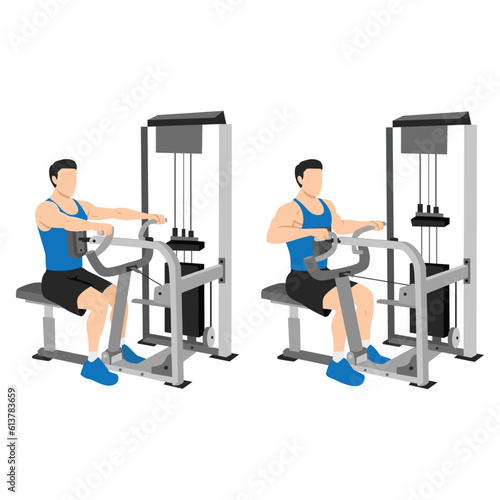 Man doing seated back row machine exercise. Flat vector illustration isolated on white background