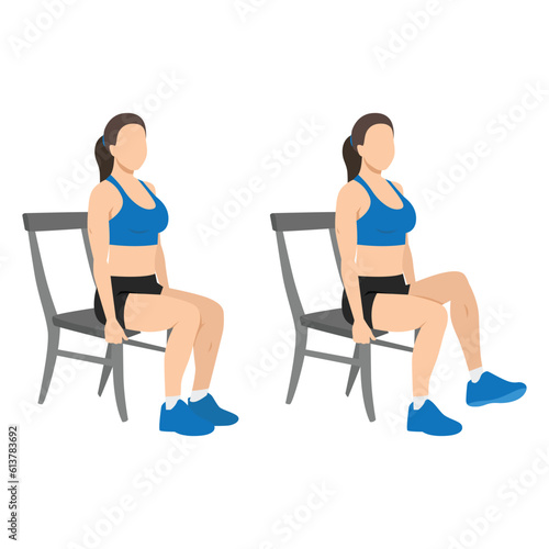 Woman doing seated knee lifts or seated knee elevations. Flat vector illustration isolated on white background